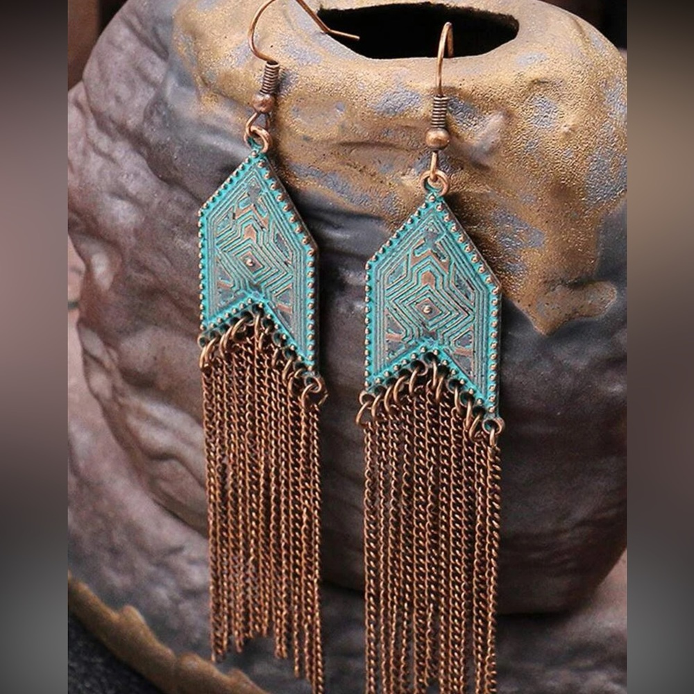 Vintage Patina Bronze Filagree Ornate Tassel Fringe Long Teal Copper Earrings